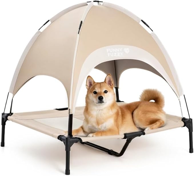 FUNNY FUZZY Elevated Dog Bed with Canopy for Large Dogs up to 120 lbs– Raised Dog Cot Bed with UV Shade,Waterproof,Breathable Mesh,Outdoor & Indoor Use,Portable,Khaki(36"×30"×7")