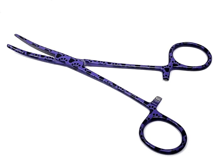 Dog Pet Ear/Nose Hair Puller Grooming Hemostat Locking Forceps Curved Pliers, 5.5" (14cm) Full Serrated Clamps Stainless Steel (Purple Paws)