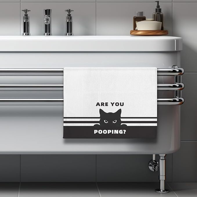 Humorous Bathroom Hand Towel with Playful Feline Art - Quirky Black Cat Decor & Funny 'Are You Pooping' Inspired Design, Decorative Bath Towel for Cat Lovers, Unique Gifts for Women Who Love Cats
