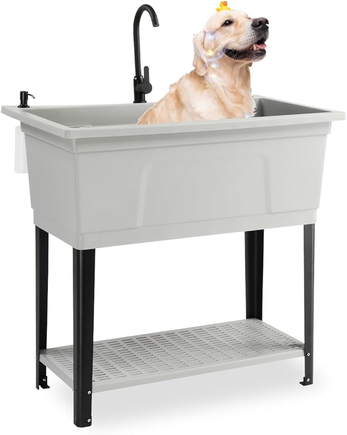 Bonnlo 37-Gallon Freestanding Utility Sink with Faucet, 36" Heightened Basin for Laundry, Garage, Outdoor Garden, Pet Wash, Heavy Duty Plastic Laundry Tub with Storage Shelf, 40"L×24"W×36"H (Gray)