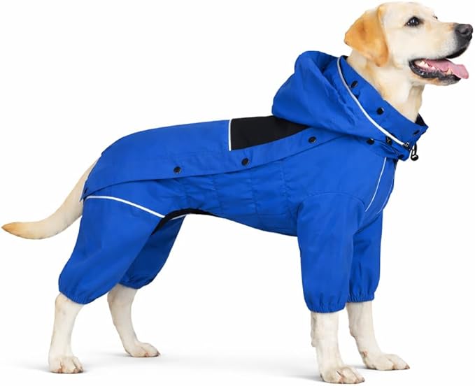 LOVELONGLONG Waterproof Dog Raincoat with Removable Hood – Outdoor Full Body Dog Jacket, Windproof Snowproof Shell Suit – All Season Pet Rain Gear Blue XXL