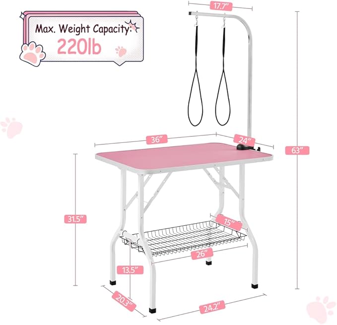 Topeakmart Foldable Portable Pet Grooming Table - 36in Professional Dog Cat Trimming Table w/Adjustable Arm & 2 Nooses, Maximum Capacity Up to 220lbs
