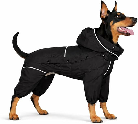 LOVELONGLONG Waterproof Dog Raincoat with Removable Hood – Outdoor Full Body Dog Jacket, Windproof Snowproof Shell Suit – All Season Pet Rain Gear Black 3XL