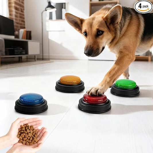 4 Pack Recordable Dog Communication Buttons with LED Light, Custom Voice Recording Pet Training Buzzers, Multi Color Pet Talking Buttons for Dogs & Cats Interactive Training Toy | 4PCS recordable pet buttons with custom voice & LED flash; big sensitive...
