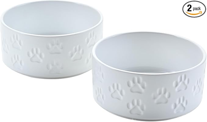 SPUNKYJUNKY Ceramic Dog and Cat Bowls 2 Pack, 5.1'' Dog and Cat Food Water Double Feeding Bowls Non-Slip for Cats and Puppy Small Sized Breed Dogs Microwave Dishwasher Safe - 13.5 OZ, 2pcs, Paw White