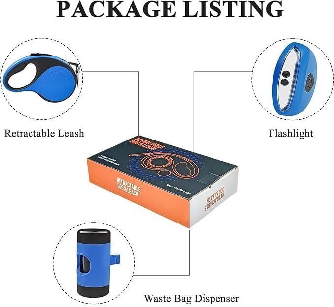 Best Dog Supplies Retractable Thick Dog Leash for S, M, Large Dogs with Bag Dispenser and Flashlight, 26ft/8M for Dogs up to 110lbs Pet Leash One Button Break Retractable Color - Blue
