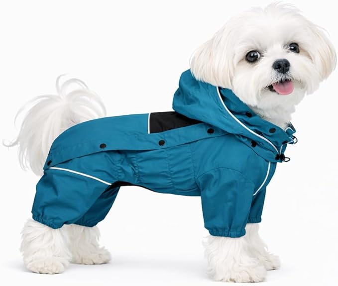 LOVELONGLONG Waterproof Dog Raincoat with Removable Hood – Outdoor Full Body Dog Jacket, Windproof Snowproof Shell Suit – All Season Pet Rain Gear Ocean Teal XS