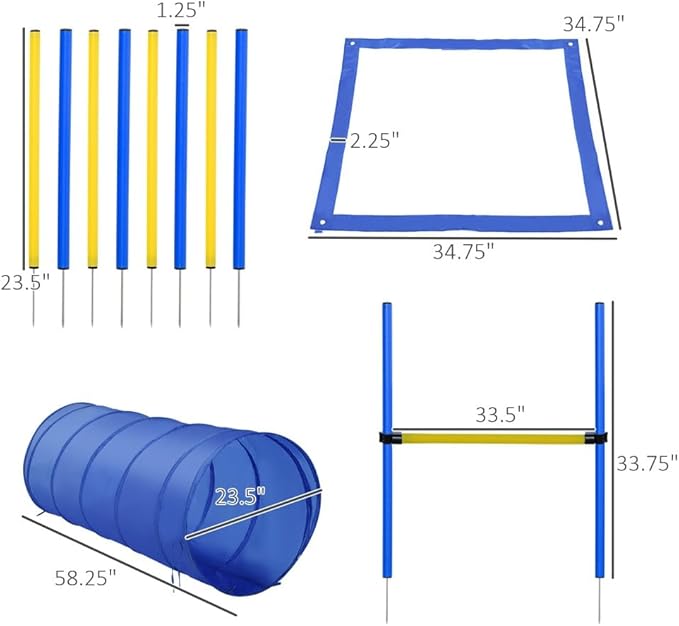 anwickjeff 4PC Dog Agility Training Equipment with Jump Hurdle, Tunnel, Pause Box, Weave Poles and Carrying Bag, Obstacle Course for Dogs Backyard Competitive (Yellow + Blue, 4 Piece)