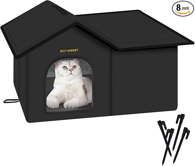 Rest-Eazzzy Cat House for Outdoor Cats, Weatherproof and Insulated Feral Cat House with Mat and Clip, Easy to Put Together, Selfwarming Cat Shelter for Summer (Black, Waterproof House-L)