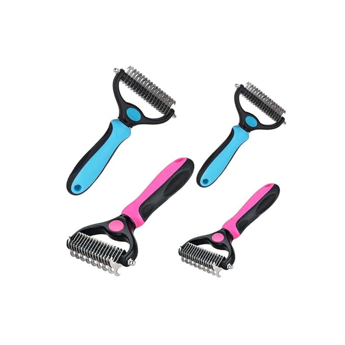 Sakerplus Double-Sided Pet Grooming Rake,Dematting Undercoat Rake for Dogs and Cats, 2-in-1 Dematting Comb, Pet Grooming Rake for Long Hair Pets (Blue+Pink, large+small)