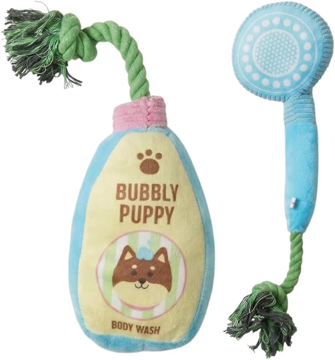 2-Pack Funny Squeaky Dog Toy Bundle - Cute Body Wash & Shower Head Plush Set - Interactive Spa Themed Soft Stuffed Toys for Puppies, Small & Medium Dogs - Dog Bath Time Gift
