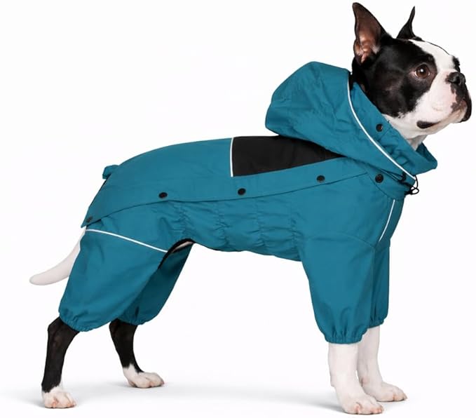 LOVELONGLONG Waterproof Dog Raincoat with Removable Hood – Outdoor Full Body Dog Jacket, Windproof Snowproof Shell Suit – All Season Pet Rain Gear Ocean Teal M