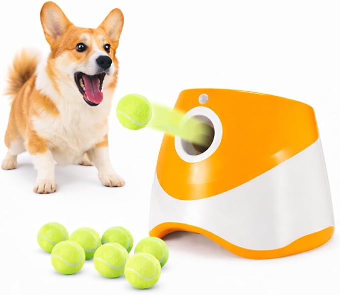 Automatic Dog Ball Launcher for Small & Medium Dogs, Interactive Dog Fetch Machine with 3 Distance Settings (10–30 ft), Mini Tennis Ball Thrower Includes 6 Balls, Indoor Outdoor Dog Toy - Orange