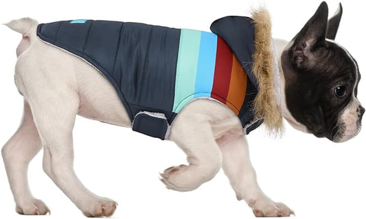 HDE Dog Puffer Jacket Fleece Lined Warm Dog Parka Winter Coat with Harness Hole Navy Retro Stripe - S