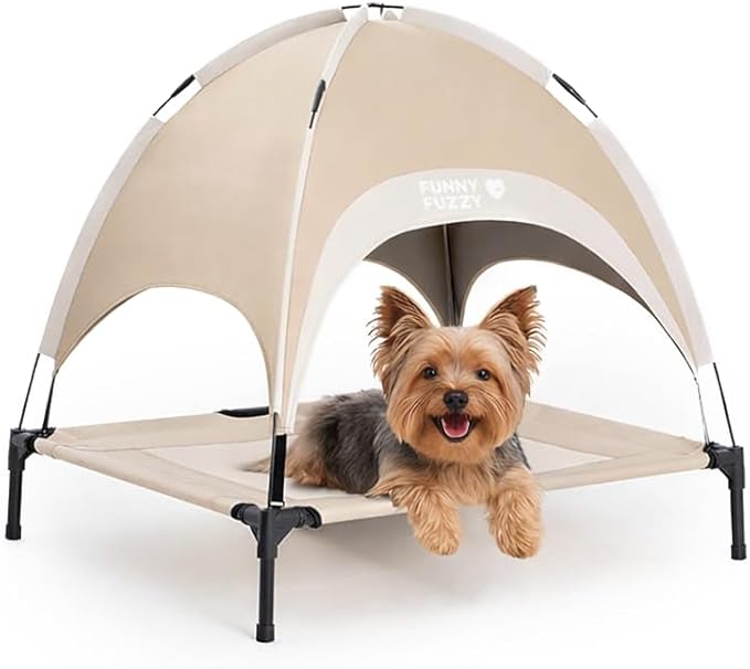 FUNNY FUZZY Elevated Dog Bed with Canopy, Small (24"x18"x7") – Outdoor Raised Dog Cot with Shade, Cooling Breathable Mesh Pet Bed, Portable Waterproof Dog Camping Bed for Large Medium Small Dogs,Khaki