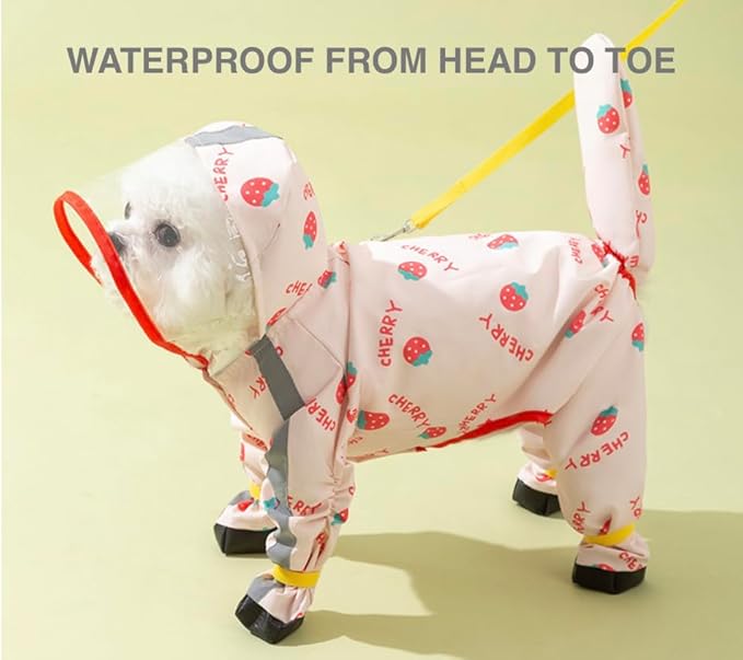 Waterproof Dog Raincoat,Full Coverage 4 Legs Dog Rain Jacket for Small Dogs,Pet Rain Coat with Hood,Reflective Strips&Leash Hole Outdoor Raincoat (X-Large（for Weight 11.1-14.6 lb）, Strawberry)