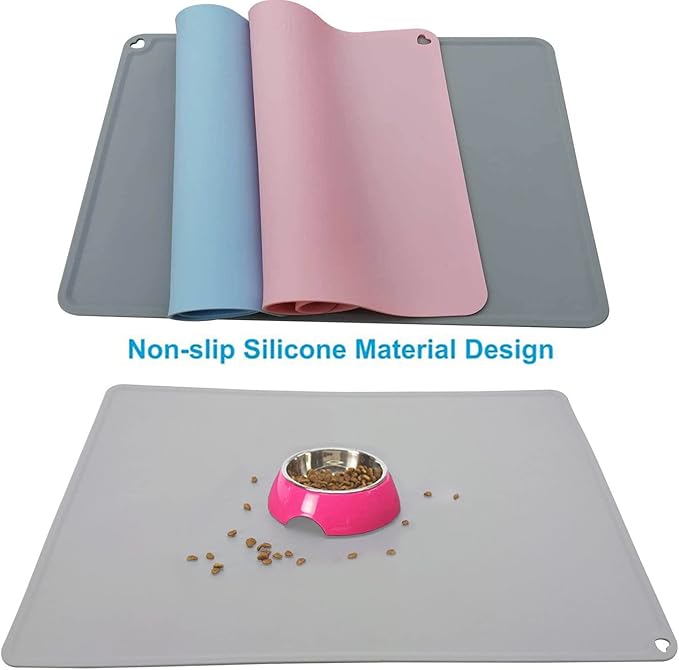 JiangYanus Silicone Pet Feeding Mat for Dog Cat Bowls, Non Slip Waterproof Cat & Dog Bowl Mats Tray with Edges for Food and Water, Pet Bowl Mat Dog Placemats for Floors (16.1 x 12.2 inch, Grey)