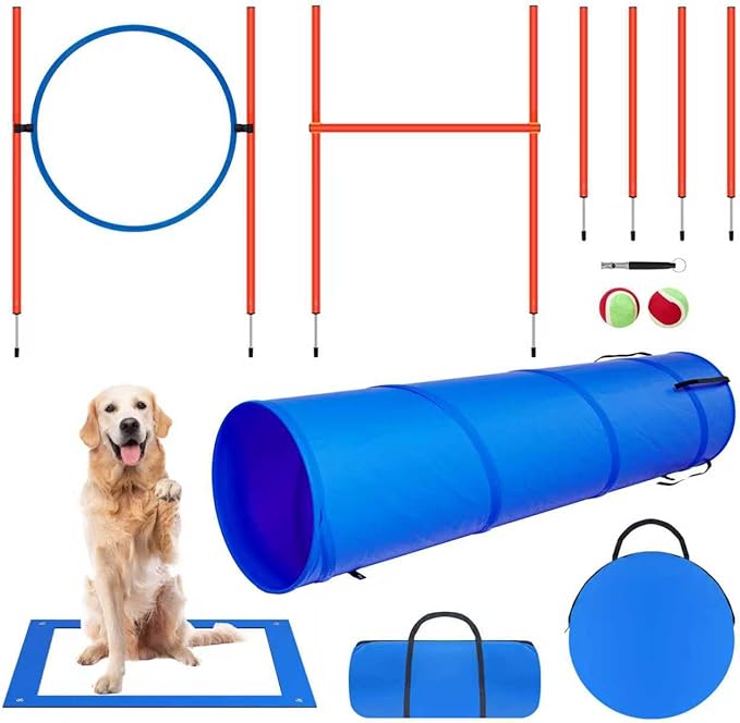 Polar Aurora Dog Agility Equipment, Dog Obstacle Courses Backyard - Pet Outdoor Games w/Adjustable High Jump, Agility Weave Poles, Tunnel, Jumping Ring, Pause Box, 2 Balls,Whistle and Carrying Bag