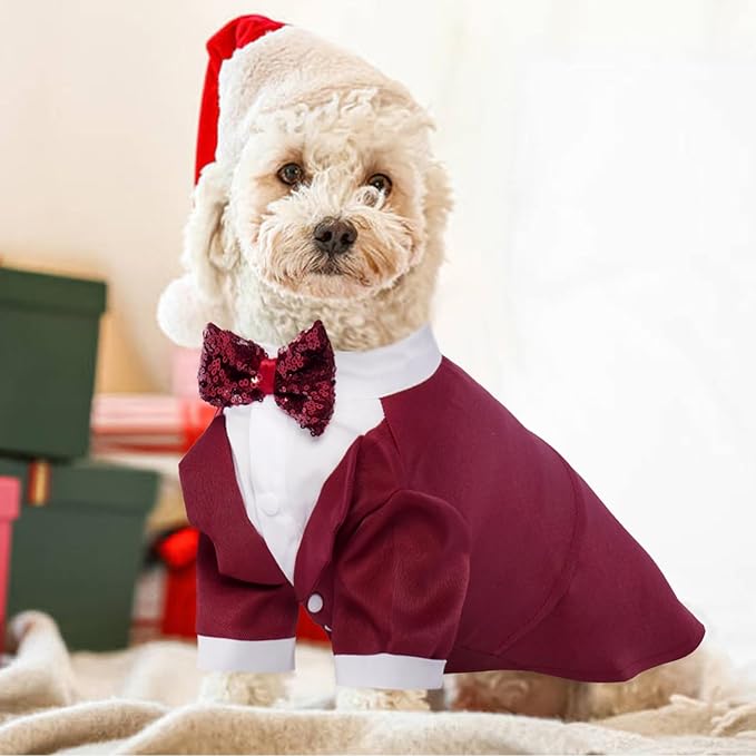 Kuoser Dog Tuxedo, Formal Dog Costume with Bow Tie Pet Wedding Suit Party Birthday Outfit, Dogs Tux Soft Shirt for Valentines Christmas Halloween Graduation Cosplay, Burgundy S