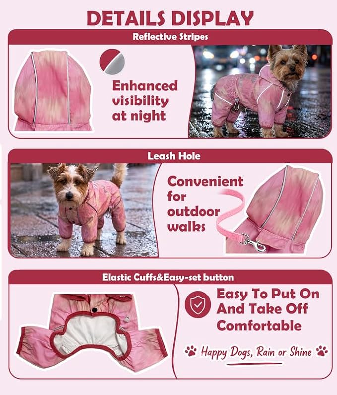 Dog Raincoat with Hood, Full Coverage Dog Rain Suit, Puppy Rain Jacket for Small Dogs Outdoor Use, Pink Watercolor Size S