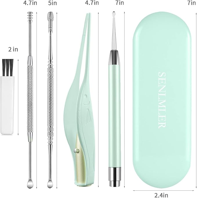 4 Pack Ear Wax Removal Tool Kit with Light, Ear Pick Ear Cleaning Tools Set for Kids and Adults, Ear Picks Digger & Tweezers & Spiral Spring Ear Spoon with Storage Box (Green)