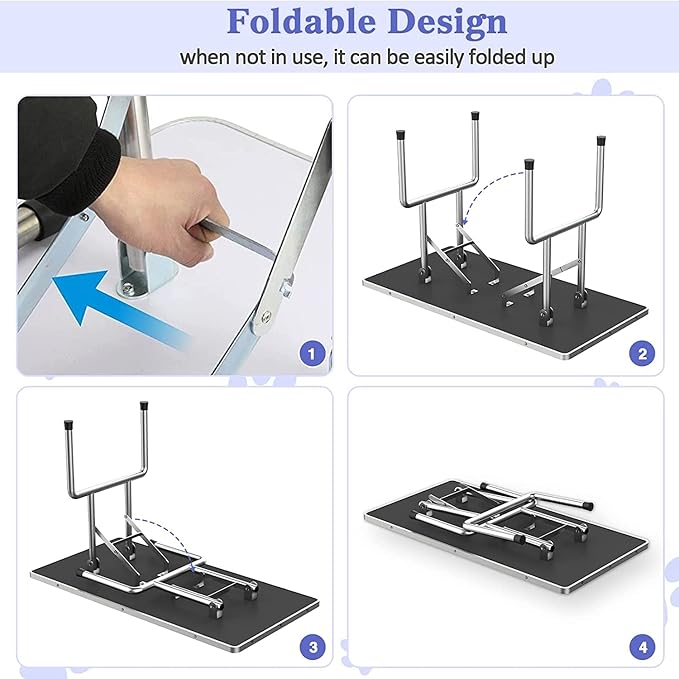 Pet Dog Grooming Table, Foldable Stainless Steel Pet Drying Grooming Table Up to 330lbs, Professional Bathing Desk for Dogs at Home with Adjustable Overhead Arms, Noose, Mesh Tray, 46''/Black
