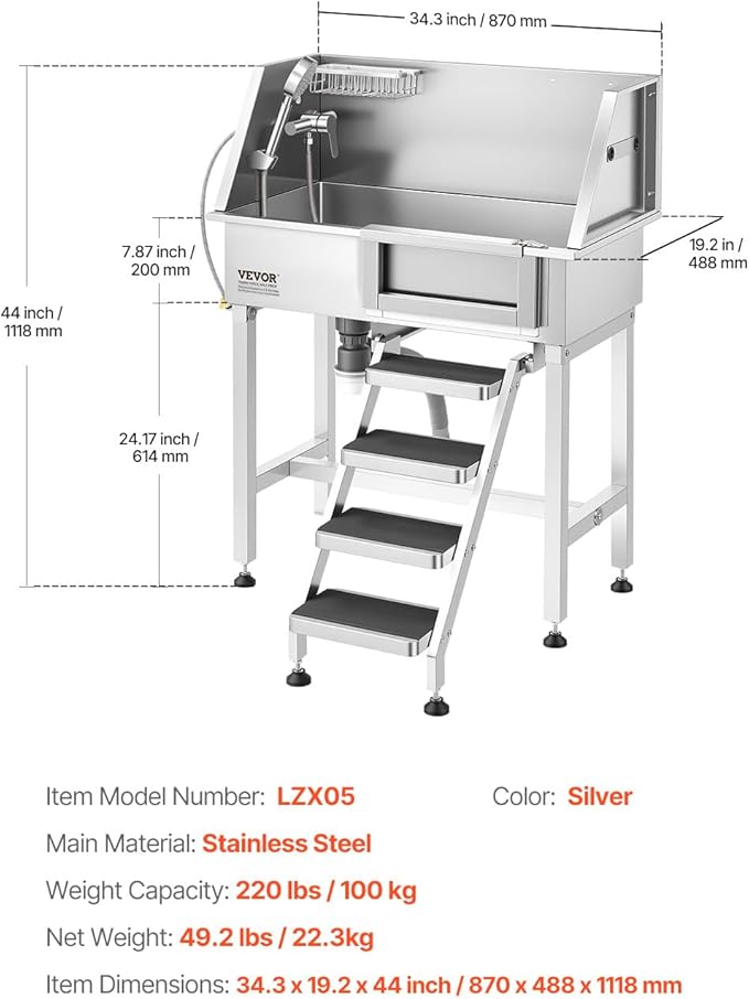 VEVOR Dog Washing Station, 34" Professional Stainless Steel Pet Grooming Tub Bathtub with Shower Faucet Soap Holder Non-Slip Stairs Right Door Easy Clean Pet Wash Sink for Small Dogs Cats