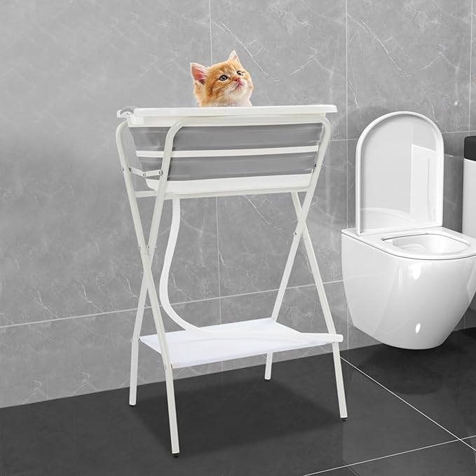 Foldable 2 in 1 Pet Bathtub with Stand, 38.8" Elevated Dog Bath Tub for Small Pets, Portable Grooming Station w/Drain Hose & Safety Belt, Small Dogs Cats Pet