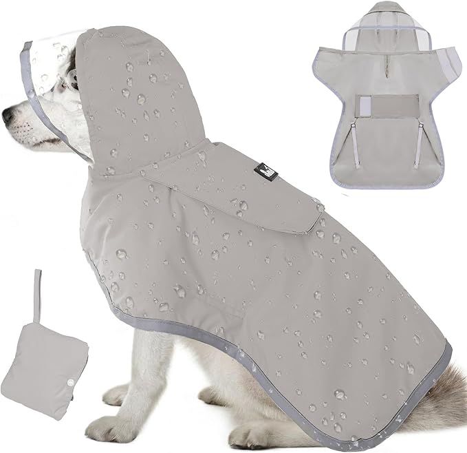 Lukovee Dog Raincoat - Lightweight Hooded Dog Rain Coat for Large Medium Small Dogs, Adjustable Poncho Jacket with Reflective Stripes & Built-in Storage Pocket (Gray, 2X-Large)
