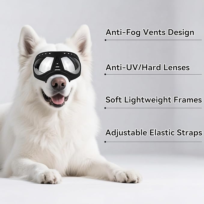 Large Dog Goggles, Windproof Snowproof Anti-UV Dog Sunglasses for Medium to Large Breed Eye Protection, Soft Frame with Adjustable Straps, Black