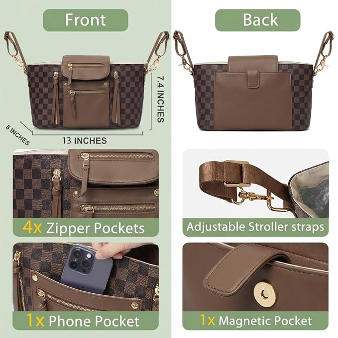 miss fong Checkered Stroller Caddy with Insulated Cup Holder Universal Stroller Organizer Bag Baby Storage Bag with Adjustable Strap, Fits for Baby Carriage like Uppababy, Baby Jogger, Umbrella