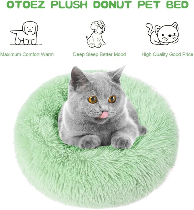otoez Kitten & Puppy Extra Small XS Round Dog & Cat Anti Anxiety Plush Pet Calming Donut Bed with Non-Slip Waterproof Bottom, Washable (15.7", Green)