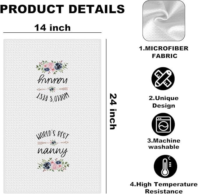 World’s Best Nanny Gifts Kitchen Towels 24x14 Inch, Floral Waffle Absorbent Tea Dish Hand Towels, Reusable Dish Towel for Kitchen Bathroom Decor, Birthday Christmas Thanksgiving Gifts for Nanny