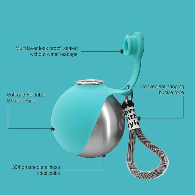 2 in 1 Portable Dog Water Bottle, 2026 New 10oz Spherical Stainless Steel Pet Bottle with Silicone Foldable Bowl, No-Spill Leak-Proof Design, Dog Water Bottle for Walking, Hiking, Travel (Pink+Blue)