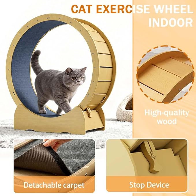 Upgraded Cat Exercise Wheel for Indoor Cats with Silent, Oversized Cat Running Wheel with Carpeted Runway for Fitness Activity Center Running (Oak)