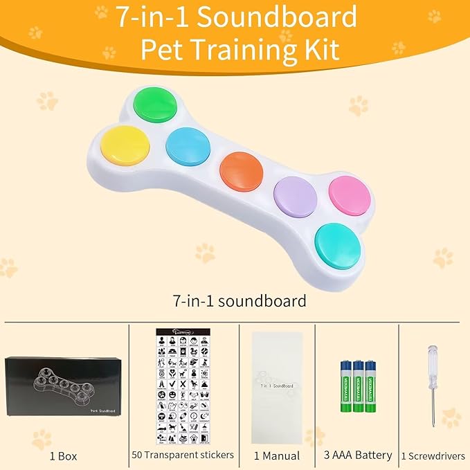RIBOSY Dog Buttons for Communication, 7 in 1 Dog Talking Button Set, Recordable Training Buzzers for Dogs with 50 Scene Stickers (Battery Included)