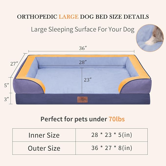 Comfort Expression Orthopedic Dog Bed for Large Dogs 36x27 Inch, Waterproof Egg Crate Foam Large Pet Bed with Bolsters, Dog Couch with Washable Cover & Non-Slip Bottom, Twilight Wave