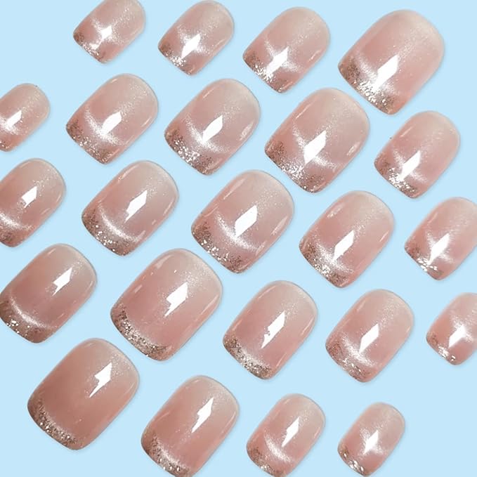yefiuo Summer Press on Nails Short Square Glitter French Fake Nails Press ons Cat's Eye Acrylic False Nails Glue on Nails Reusable Nail Tips Kit Full Cover Stick on Nail Supplies for Women Girls 24Pcs