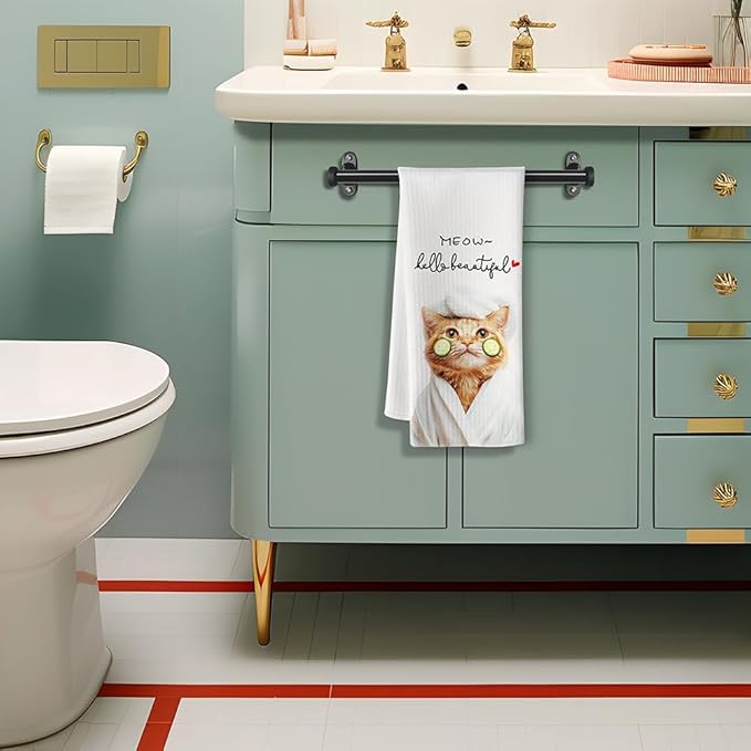Cat Kitchen Towels - Quick-Dry Funny Bathroom Hand Towels with Cucumber Mask Feline Art, Decorative Dish Towel for Self-Care Enthusiasts & Pet Moms | Home Accent & Crazy Cat Lady Gifts
