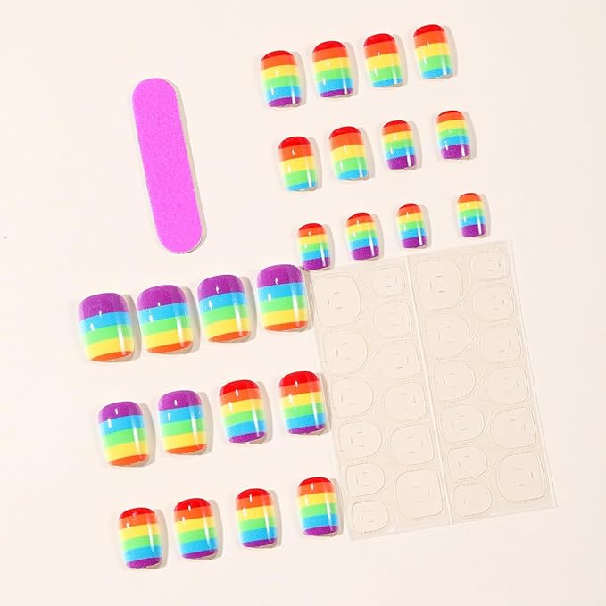 yefiuo Summer Press on Nails Short Square Stripe Multicolor Fake Nails Press ons Acrylic False Nails Glue on Nails Reusable Nail Tips Kit Full Cover Stick on Nail Supplies for Women Girls 24Pcs