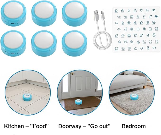 Rechargeable Cat Talking Buttons (6-Pack), 200g Easy-Press for Small Dogs & Cats Communication, Recordable Buttons for Pet Voice Speech, 24s Clear Audio, Stickers & Gift Box - Blue