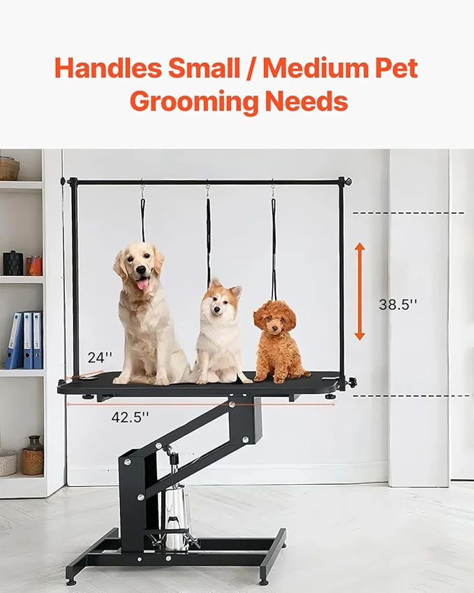 VEVOR Hydraulic Pet Grooming Table, 400LBS Static Load Capacity, 42.5 x 24 Inch Dog Grooming Station with Anti-Slip Tabletop and Dual Height Adjustable Arms with Clamps, for Medium and Small Dogs