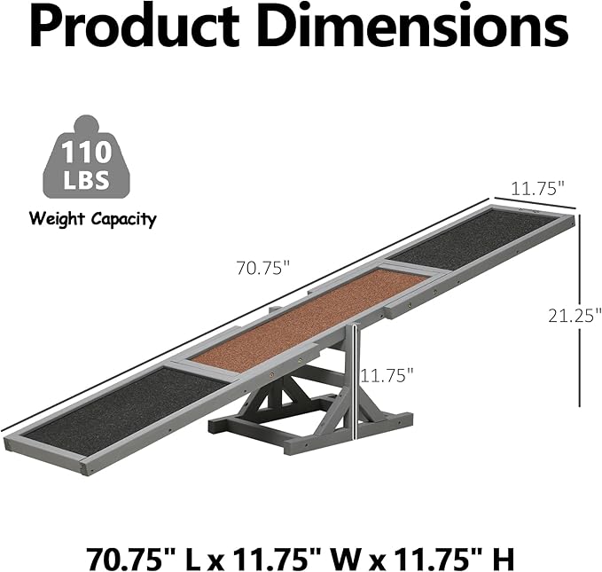 71" Wooden Dog Agility Seesaw for Training and Exercise - Outdoor Dogs Seesaw for Advanced Dog Obstacle Courses, Dogs Agility Ramp Training Platform Equipment (Gray)