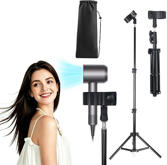 Hands Free Hair Dryer Stand with Tripod, 23.6-47.2 Inch Adjustable Height, 180° Rotating Universal Clip, Foldable Metal Blow Dryer Holder for Bathroom Vanity Makeup Room Home Styling & Pet Grooming, Fits Most Hair Dryers