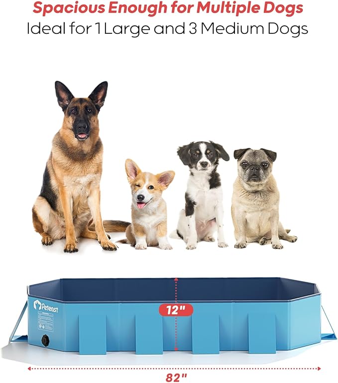 Peteast Foldable Dog Pool with Sturdy Square Design, Durable 82" Lx46 Wx12 D Extra Large Portable Pet Bathtub with Reinforced Sidewalls for Stability, Ideal for Indoor & Outdoor Use (Blue)