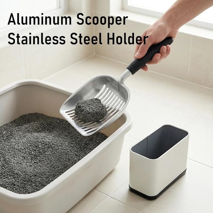 Heavy-Duty Cat Litter Scoop with Holder&Litter Bags, Metal Cat Scooper with Bags, Aluminum Kitty Poop Sifting Shovel Captures All Clumps, Speed Sifter Litter Box Scooper with Cats Caddy