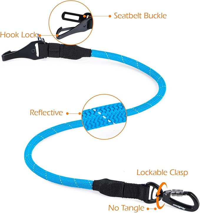 PetBonus Dog Seat Belt for Car, Durable Rope Dog Car Harness Seatbelt for Vehicle, Pet Tether Safety Restraint with Heavy Duty Buckle Hook Latch Lockable Clip for Small Medium Large Breeds(Light Blue)