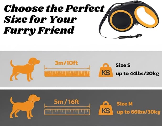 Retractable Dog Leash, 360° Tangle-Free Highly Reflective Nylon Tape, Non-Slip Rubberized Handle, 10-16FT Long Dog Leash for Dogs up to 66LBS,S-Black