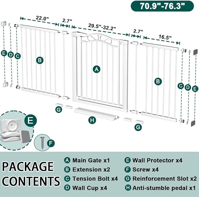 Fairy Baby 70.9"-76.3" Extra Wide Baby Gate, Pressure Mounted Auto Close Child Safety Gate for Kids Or Pets Walk Thru No Drill Long Dog Gates Indoor for House Doorway, White