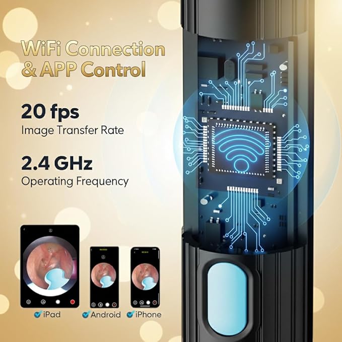 Ear Wax Removal Tool with Camera - 1296P HD Ear Cleaner Otoscope with 6 LED Lights, Wireless Earwax Remover Kit with 8 Pcs Ear Picks, WiFi Ear Scope Cleaning Kit for iPhone (Onyx)